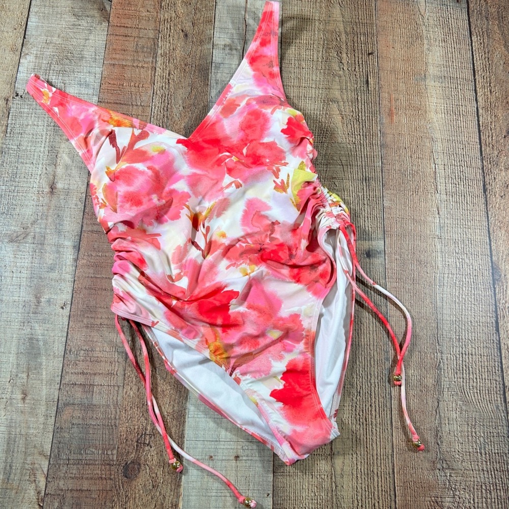Shade & Shore Pink Floral Ruched One Piece Swimsuit  NWT L 12-14 Summer Beach